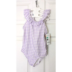Carter's Girls 1 Piece Swimsuit Purple White Check 5T Ruffles